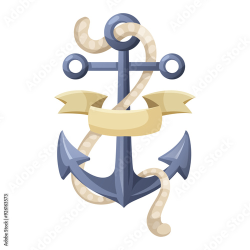 A nautical anchor entwined with a rope and a blank ribbon in a cartoon style on a white background. Concept of maritime themes and sailor symbols. Vector illustration