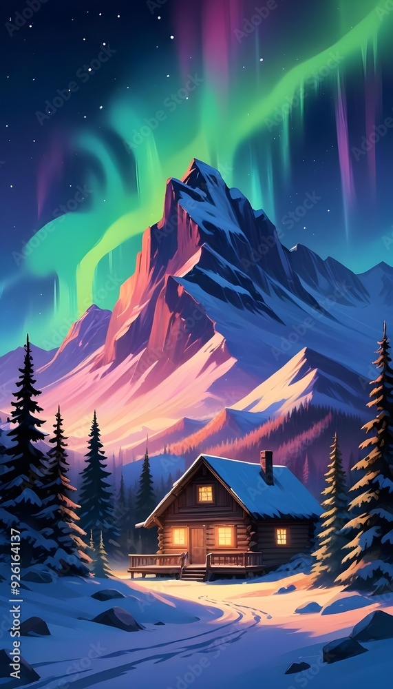 A snowy cabin in a winter landscape with a vibrant aurora borealis in the night sky, spruce trees in the foreground, and a shadowy mountain in the background A snowy cabin in a winter landscape with a vibrant aurora borealis in the night sky, spruce trees in the foreground, and a shadowy mountain in the background