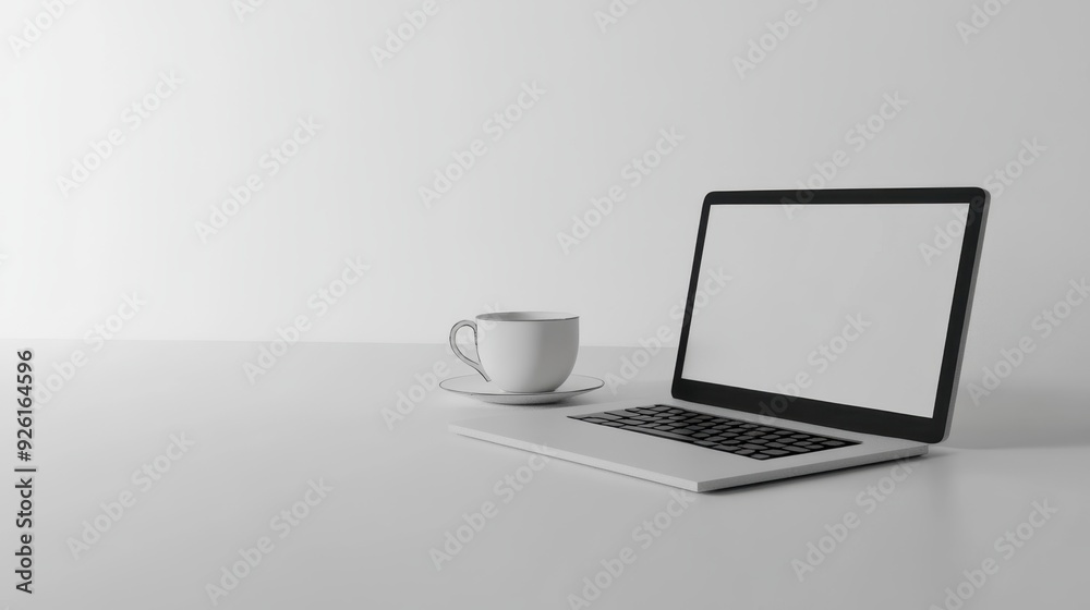 Modern 3D Minimalistic Office Desk with Laptop and Coffee Cup on White Surface Modern 3D Minimalistic Office Desk with Laptop and Coffee Cup on White Surface