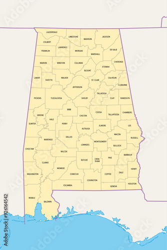 Alabama, U.S. state, political map with borders and county names. State in the Southeastern region of United States, subdivided into 67 counties. Nicknamed The Yellowhammer State, and Heart of Dixie.