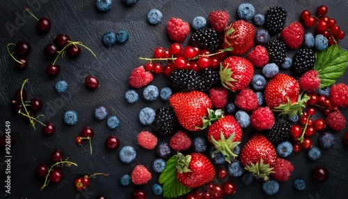 Berries overhead closeup colorful large assorted mix of strawbwerry, blueberry, raspberry, blackberry, background photo