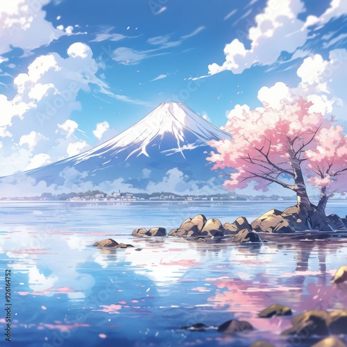 Enchanting Japanese Anime Landscape Wallpaper: Awash in Pink Cherry Blossoms and the Majestic Mount Fuji in the Background, storybook illustrations, comic strips, book illustrations and picture books photo