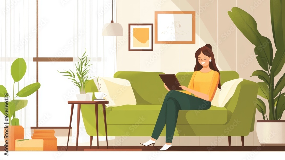 A woman sitting on a couch reading while plants are in the background, AI A woman sitting on a couch reading while plants are in the background, AI