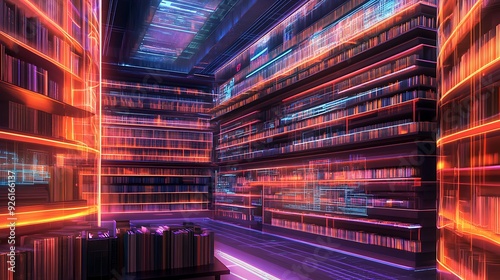 Futuristic urban library with interactive holographic books and AI-enhanced research tools