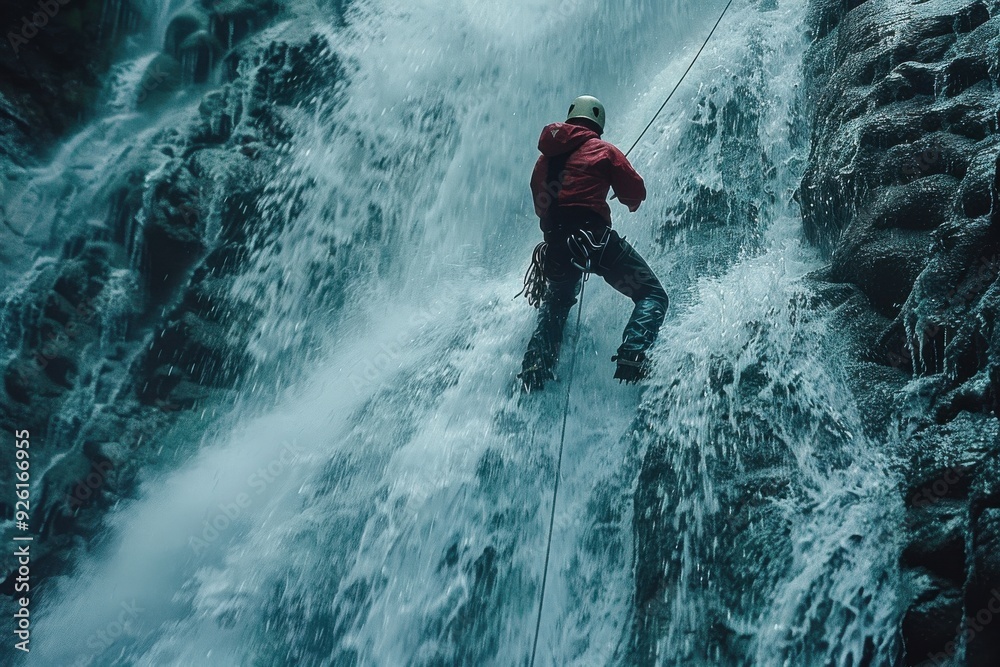 Obraz premium Climber Descending a Waterfall.