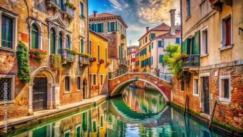 Fototapeta Naklejka Na Ścianę i Meble -  Vintage charm abounds in this picturesque scene of a quaint arch bridge and graffiti-adorned wall lining a serene canal street in Venice, Italy's old town.