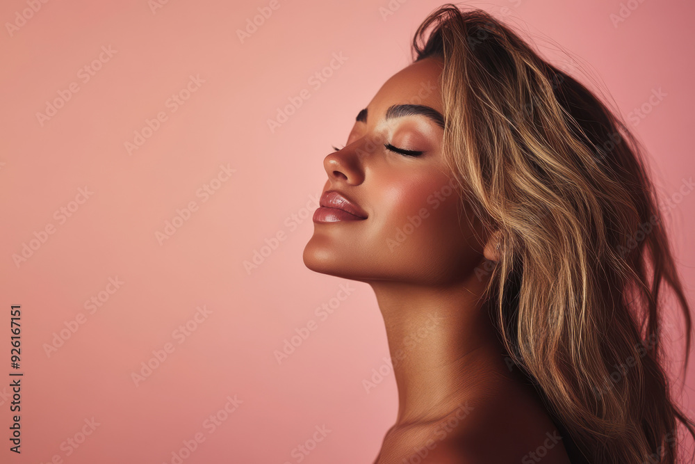 A close up of a woman's face with her eyes closed and long blond hair A close up of a woman's face with her eyes closed and long blond hair