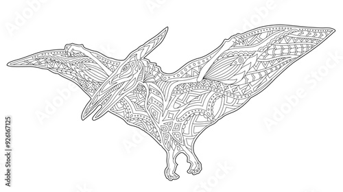 Line art for coloring book page with pterodactyl