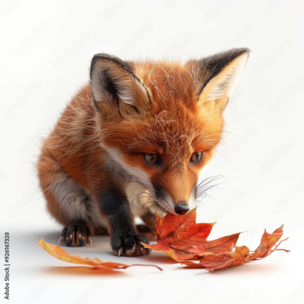 Obraz premium Red Fox Kit Sniffing Autumn Leaf.