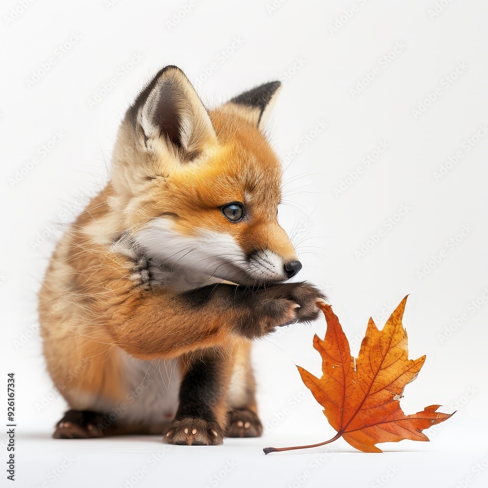 Curious Red Fox Kit with Autumn Leaf. Curious Red Fox Kit with Autumn Leaf.
