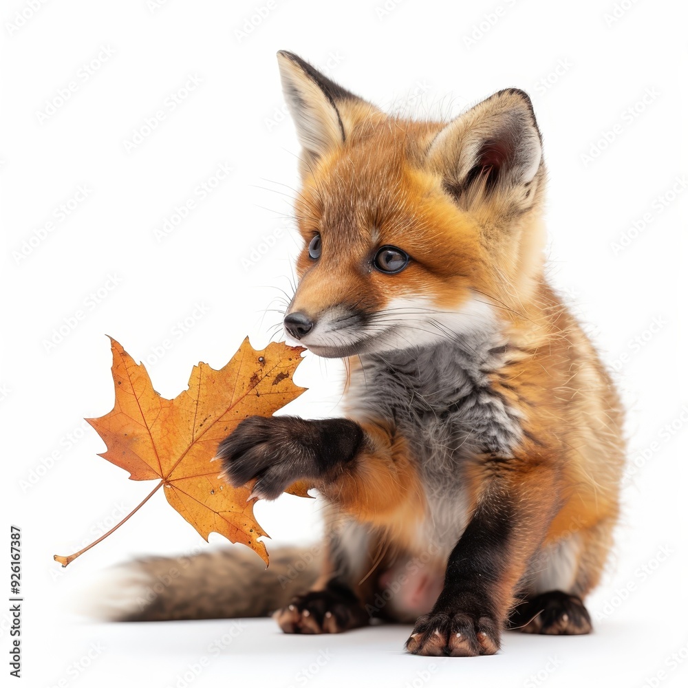 Red fox cub with an autumn leaf. Red fox cub with an autumn leaf.