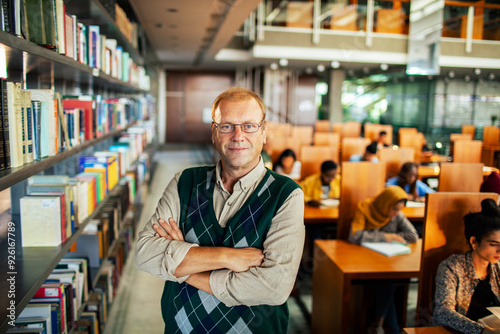 Portrait of a confident middle aged male professor in library