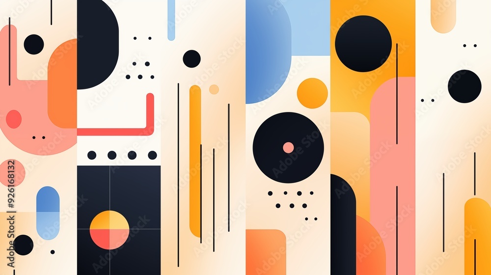 Minimalism background. A vibrant abstract composition featuring geometric shapes in various colors including black, orange, blue, and pink. 