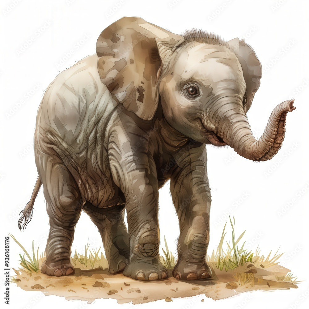Fototapeta premium Cute Baby Elephant with Trunk Up.