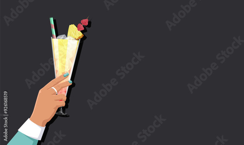 Illustration of a hand holding a tropical cocktail with a pineapple slice and raspberries garnish on a dark background. Concept of summer drinks and relaxation. Vector illustration