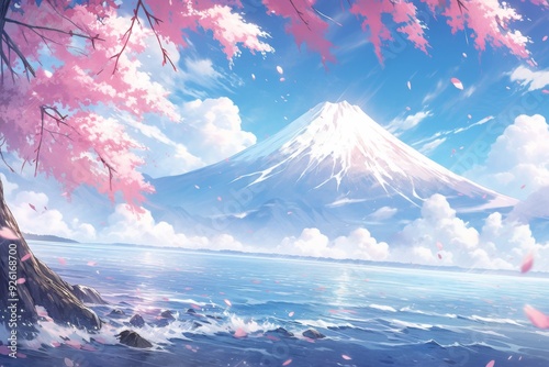 Enchanting Japanese Anime Landscape Wallpaper: Awash in Pink Cherry Blossoms and the Majestic Mount Fuji in the Background, storybook illustrations, comic strips, book illustrations and picture books photo