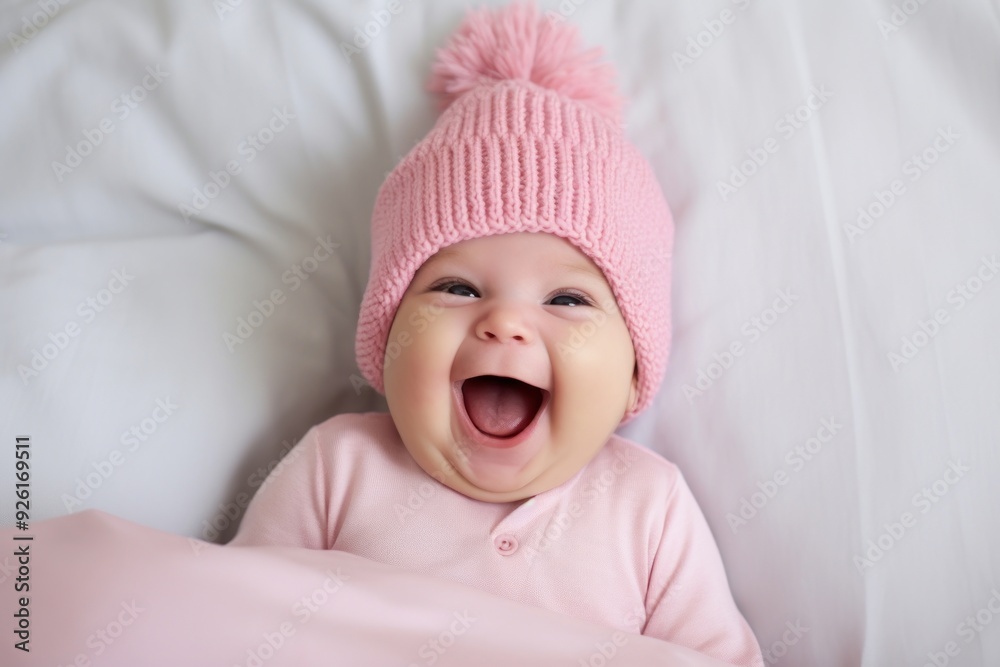 Baby laughing pink bed. Baby laughing pink bed.