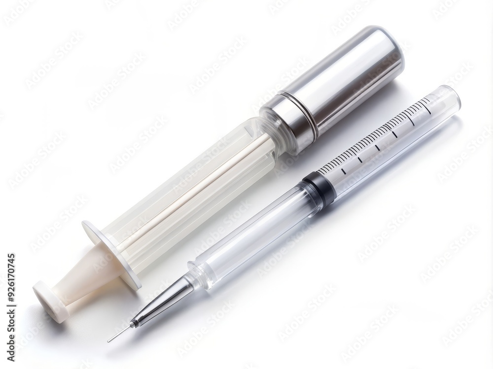 A modern medication package and injector pen lie on a clean white background, offering ample copy space to highlight the product's label and design. A modern medication package and injector pen lie on a clean white background, offering ample copy space to highlight the product's label and design.