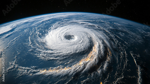 Top view of Hurricane, Super Typhoon, tropical storm, cyclone, tornado on earth. Satellite view of weather background.