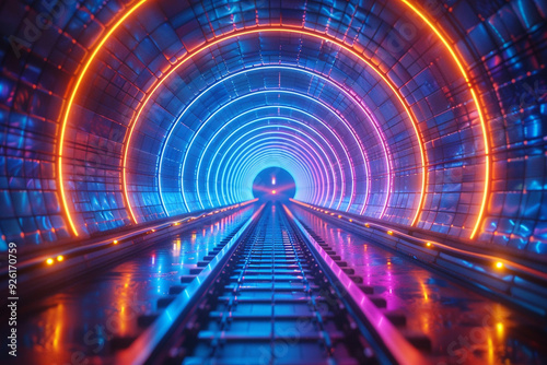 A mesmerizing blue virtual abstract background showcases a space tunnel adorned with neon line lights, creating a reality square portal arch tunnel with a spectrum of vibrant colors that resemble a c