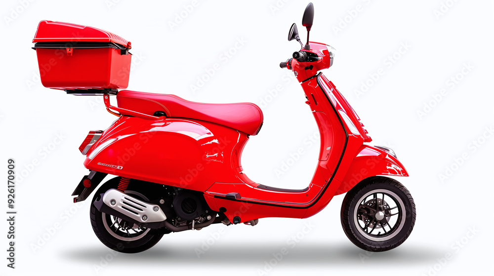 side view of a red delivery scooter, isolated on a white background