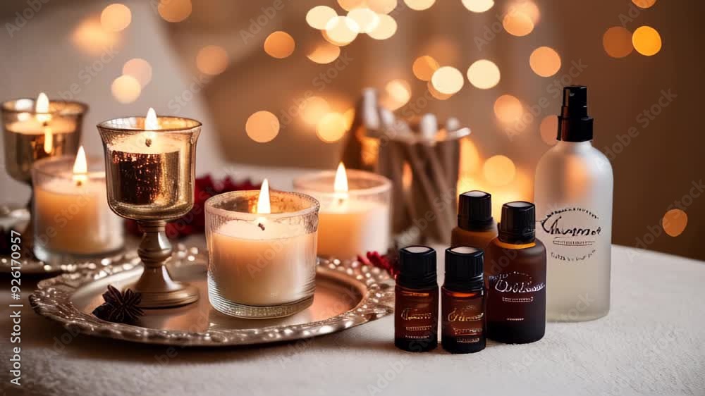 spa setting. collection of candles and aromatherapy products on a table. burning candles and essential oil. Aromatherapy, essential oil spa setting. collection of candles and aromatherapy products on a table. burning candles and essential oil. Aromatherapy, essential oil