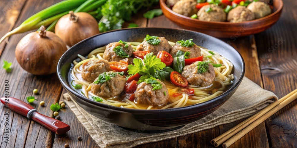 Savory Indonesian chicken noodle dish overflowing with juicy chicken meat and beef meatballs, garnished with fresh herbs and served steaming hot. Savory Indonesian chicken noodle dish overflowing with juicy chicken meat and beef meatballs, garnished with fresh herbs and served steaming hot.