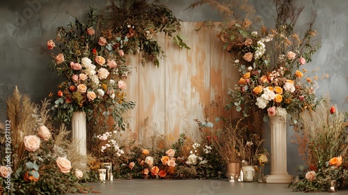 Wedding backdrop with flowers, presenting a warm and lovely sense. photo