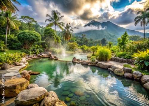 Soothing Kalianget hot springs surrounded by lush greenery and misty mountains, offering serene relaxation amidst cool and refreshing natural atmosphere in Banjarnegara, Indonesia. photo