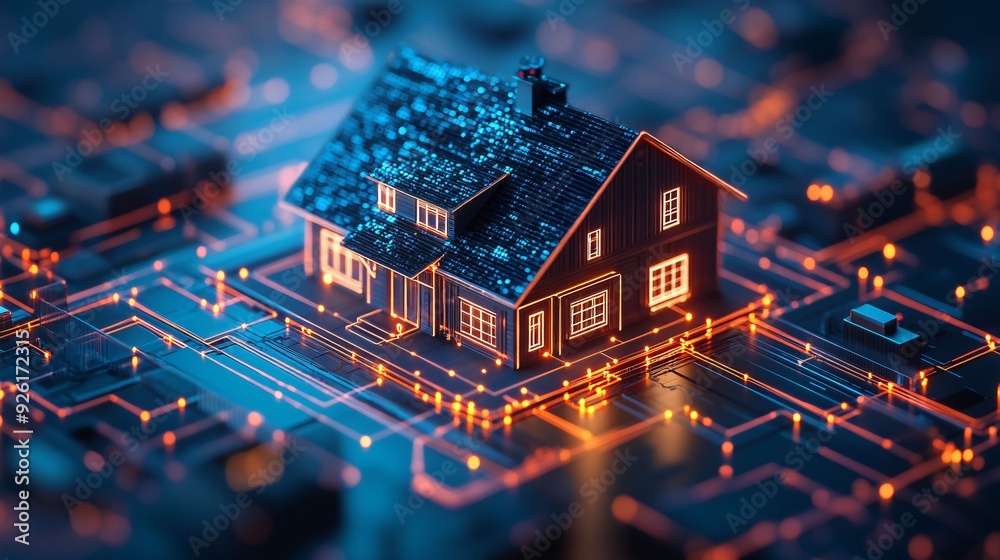 A detailed representation of a futuristic smart home connected to a glowing digital grid, symbolizing advanced home automation and technology-driven living. A detailed representation of a futuristic smart home connected to a glowing digital grid, symbolizing advanced home automation and technology-driven living.