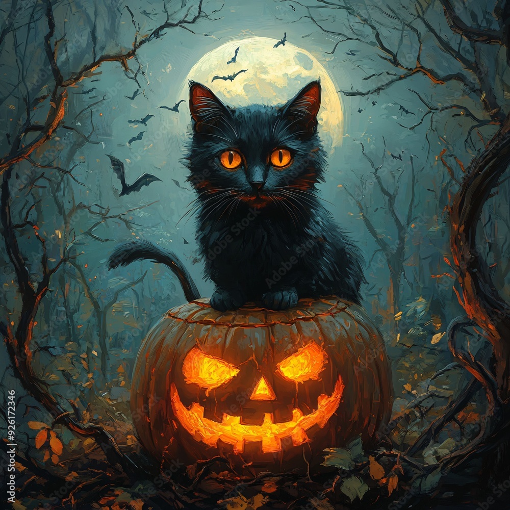 A haunting Halloween scene with a black cat perched on a glowing jack-o'-lantern, set against a full moon and bats in a dark forest. A haunting Halloween scene with a black cat perched on a glowing jack-o'-lantern, set against a full moon and bats in a dark forest.