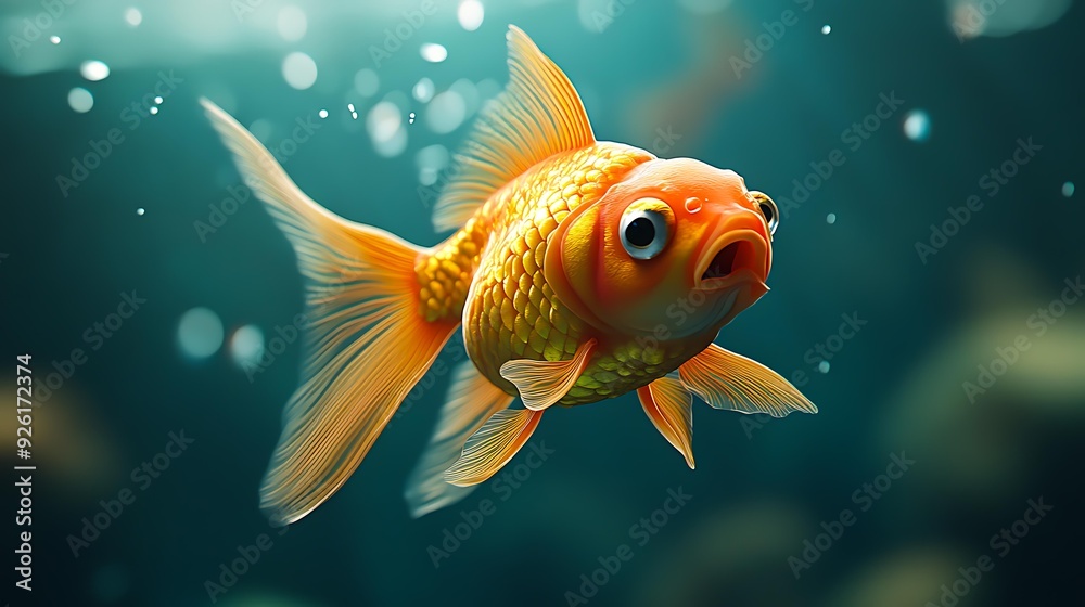 A vibrant goldfish swims gracefully in clear blue water, surrounded by bubbles and soft light, perfect for aquarium promotions, pet care articles, and aquatic-themed designs, A vibrant goldfish swims gracefully in clear blue water, surrounded by bubbles and soft light, perfect for aquarium promotions, pet care articles, and aquatic-themed designs,