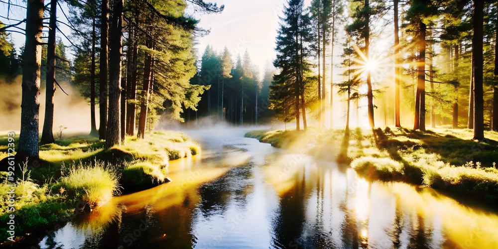 Obraz premium A tranquil forest scene with sunlight filtering through tall pine trees
