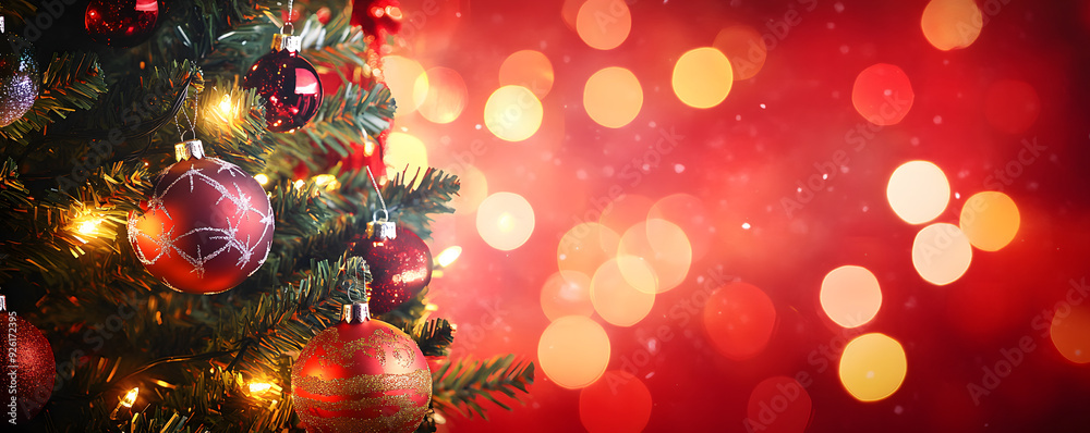 Christmas Tree With Ornament And Bokeh Lights In Red Background Christmas Tree With Ornament And Bokeh Lights In Red Background