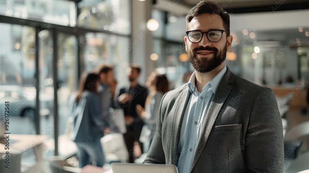 The smiling businessman holding laptop The smiling businessman holding laptop