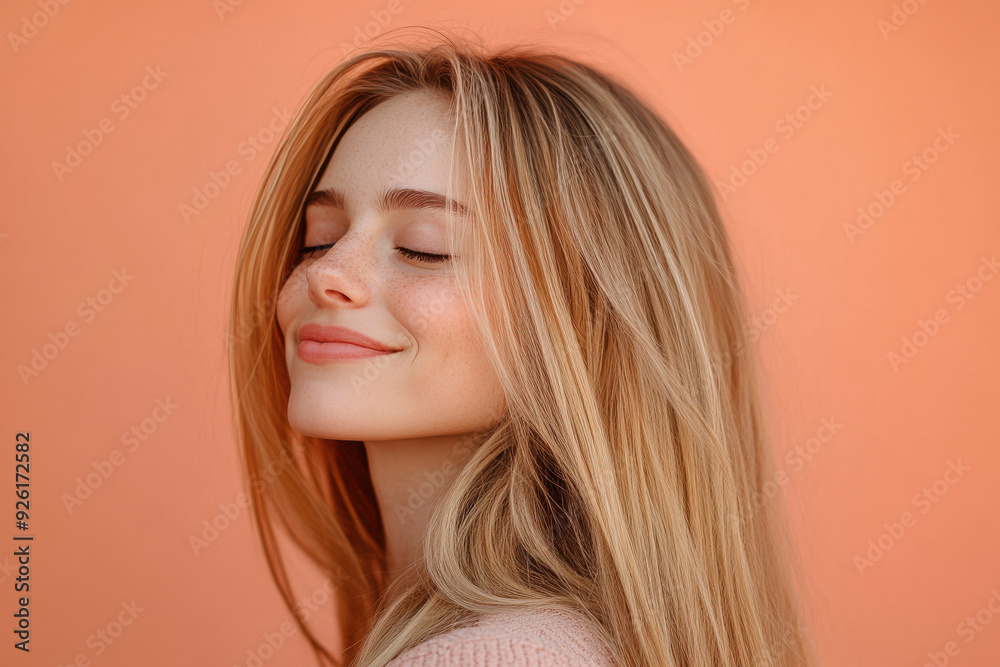 A close up of a woman's face with her eyes closed and long blond hair A close up of a woman's face with her eyes closed and long blond hair