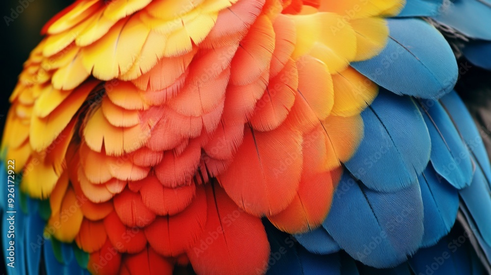 A close-up image showcasing the vibrant and colorful feathers of a bird, highlighting the intricate details and vivid color patterns that make up the bird's plumage.