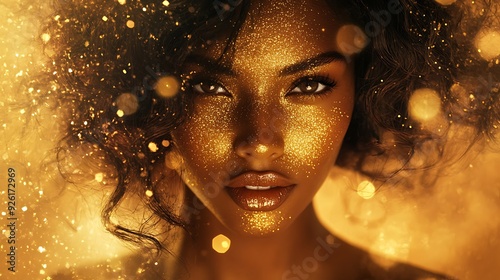 Glowing Beauty: Elegant Woman with Bronzed Flakes and Golden Haze Portrait