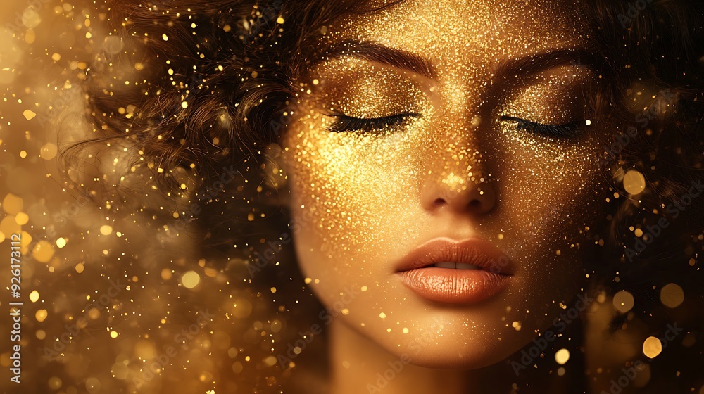 Gilded Beauty - Stunning portrait of an elegant woman with golden haze and bronze flakes, featuring intricate hair tendrils and shimmering skin, set against warm gold backdrop. Gilded Beauty - Stunning portrait of an elegant woman with golden haze and bronze flakes, featuring intricate hair tendrils and shimmering skin, set against warm gold backdrop.
