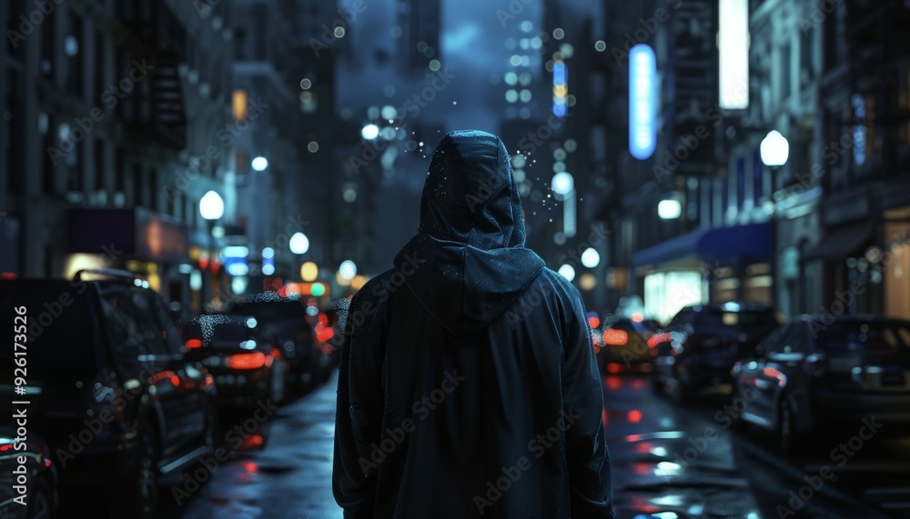 Mysterious Person in Hoodie Walking Confidently in Bustling City Street, Anti-Terrorism Concept, Night Scene Mysterious Person in Hoodie Walking Confidently in Bustling City Street, Anti-Terrorism Concept, Night Scene