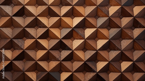 A textured wall made of wooden panels arranged in a geometric pattern, featuring triangular shapes in various shades of brown.  photo