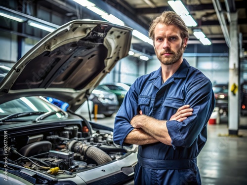 Wallpaper Mural A confident technician stands with arms crossed, scrutinizing the engine of a raised hood, surrounded by tools and automobile parts in a busy garage setting. Torontodigital.ca