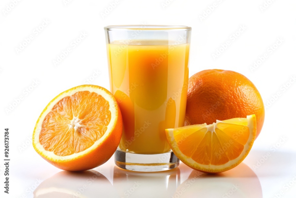 Freshly squeezed orange juice fills a clear glass, garnished with a single slice of orange, set against a crisp white background, evoking feelings of refreshment. Freshly squeezed orange juice fills a clear glass, garnished with a single slice of orange, set against a crisp white background, evoking feelings of refreshment.