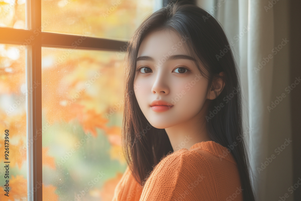 autumn portrait of young chinese girl near window, cozy atmosphere