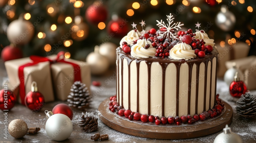 Festive cake decorated with berries and golden accents, surrounded by warm holiday lights, creating a celebratory and joyful scene. Festive cake decorated with berries and golden accents, surrounded by warm holiday lights, creating a celebratory and joyful scene.