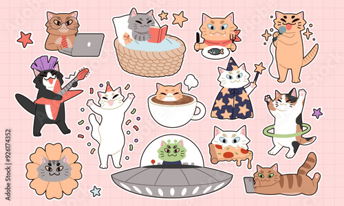 Funny cat sticker. Cute pet. Kitty sleeping. Cartoon character eating or working at laptop. Play in smartphone. Psychedelic UFO. Fluffy kitten alien party. Kawaii animal life. Vector feline icons set