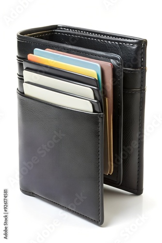 Black leather wallet with blank cards, isolated on white background