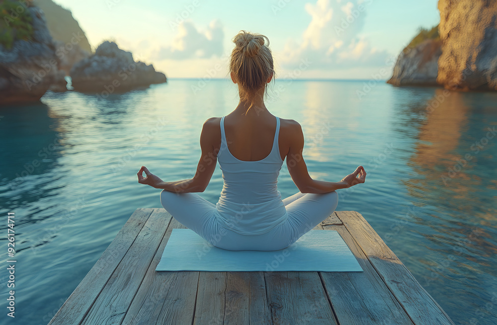 A serene scene of a woman practicing yoga and meditation on a wooden pier overlooking the calm sea at sunrise. A serene scene of a woman practicing yoga and meditation on a wooden pier overlooking the calm sea at sunrise.