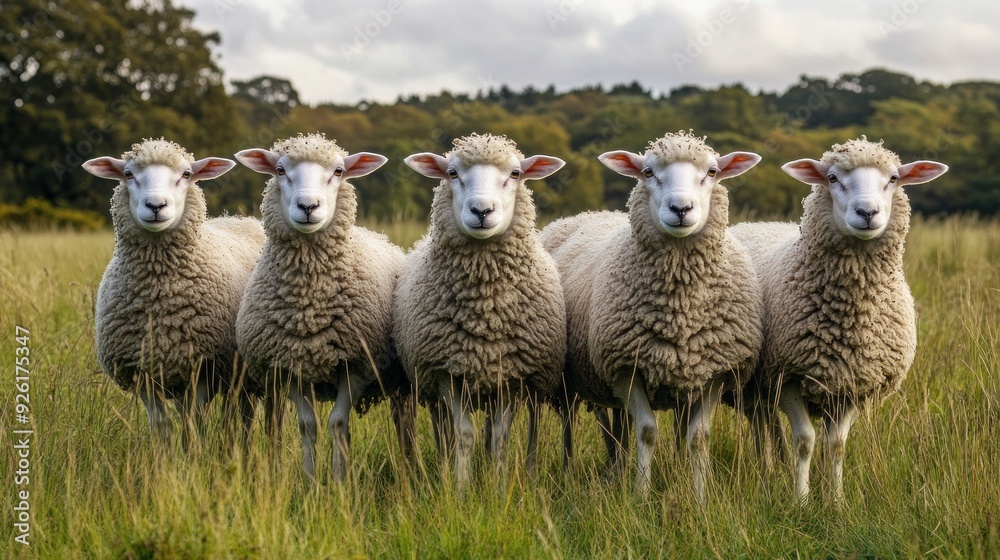 Fototapeta premium Five Sheep Standing in a Row