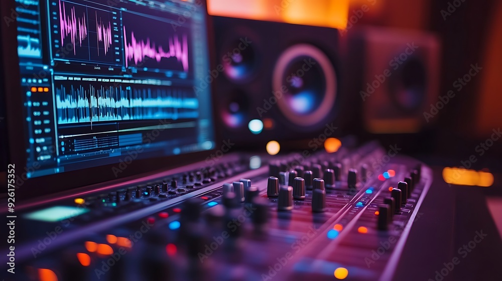Close-up of a soundboard with a computer screen displaying audio waves in the background.